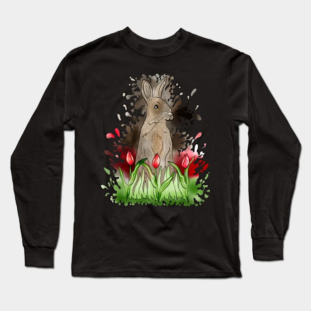 European Rabbit Watercolor Splash With Black Background Long Sleeve T-Shirt by missmann